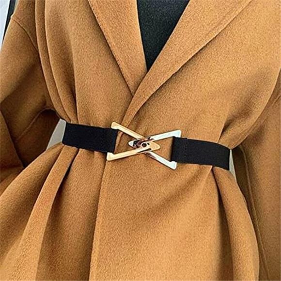 Elastic Adjustable Waist Belt Gold Silver Triangle Buckle Skinny Retro Black main image 4